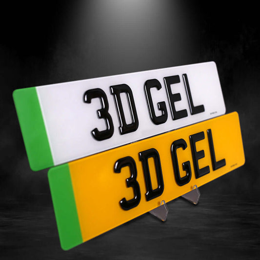 Pair of 3D Gel license plates in yellow and white, highlighting stylish digit design, perfect for vehicles.