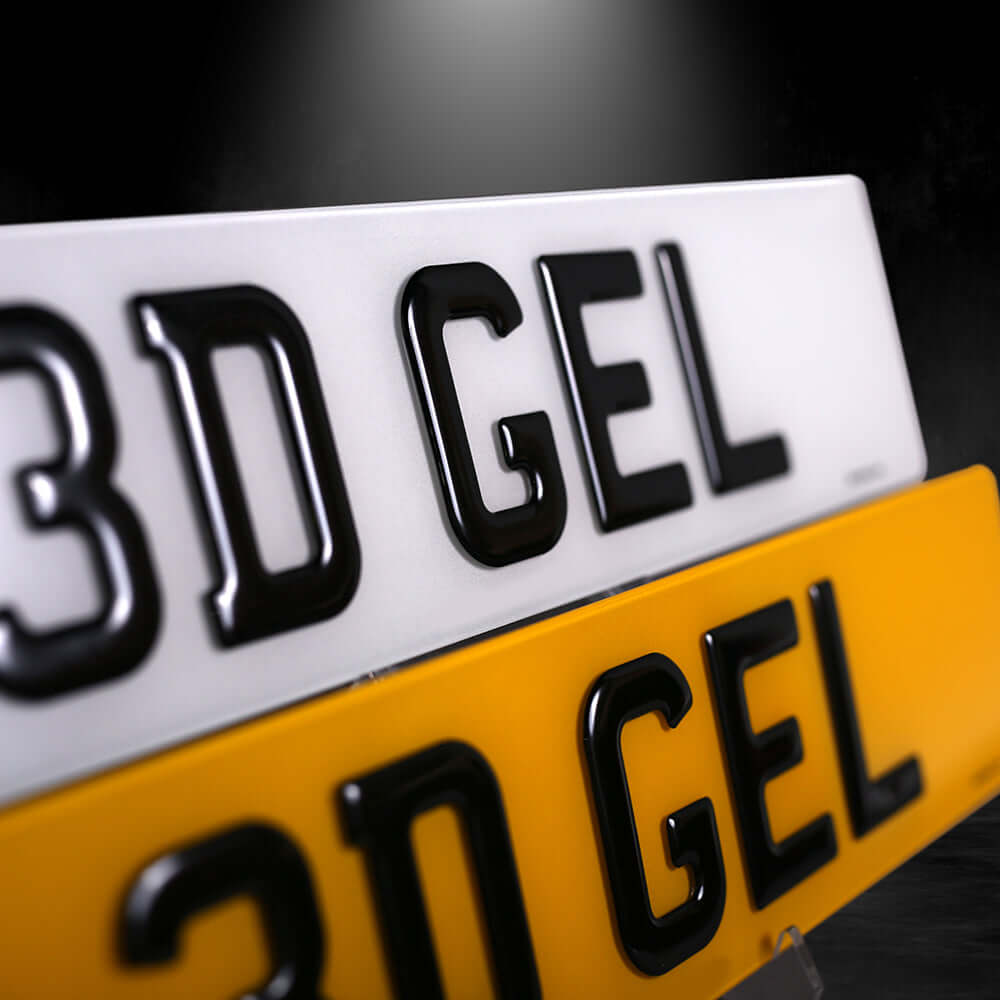3D Gel car number plates in yellow and white, showcasing bold black digits for standout style. Size 520x111mm.