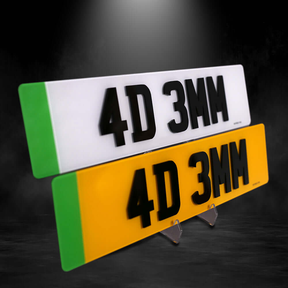 Pair of 4D 3mm car plates in yellow and white, showcasing laser cut digits for enhanced visibility and style.