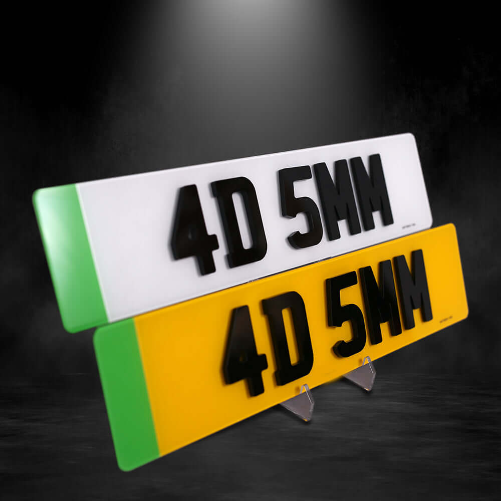 Pair of 4D 5mm car plates in white and yellow, showcasing laser cut digits for standout style in standard size.