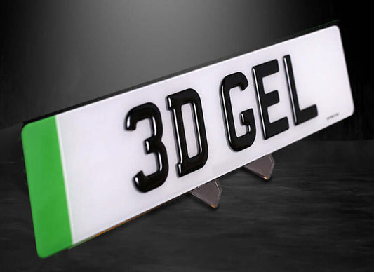Front white single 3D Gel EV plate showcasing bold digits, standard car size 520x111mm, stylish design.