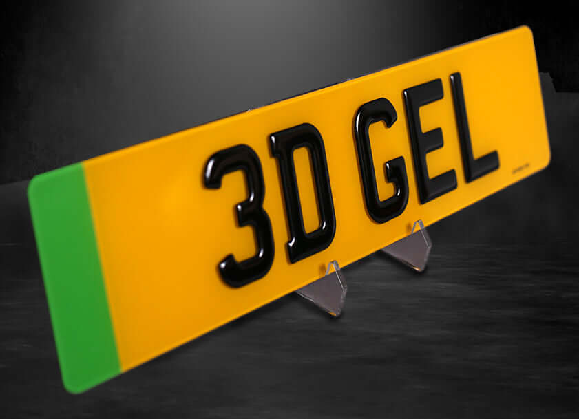 Yellow single 3D gel EV plate displaying '3D GEL', 520x111mm, vibrant design for standout styling.