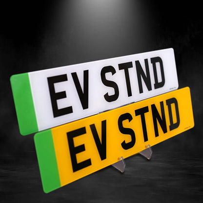 Standard EV plates with green strip, premium quality acrylic, 520x111mm, road legal in yellow and white.