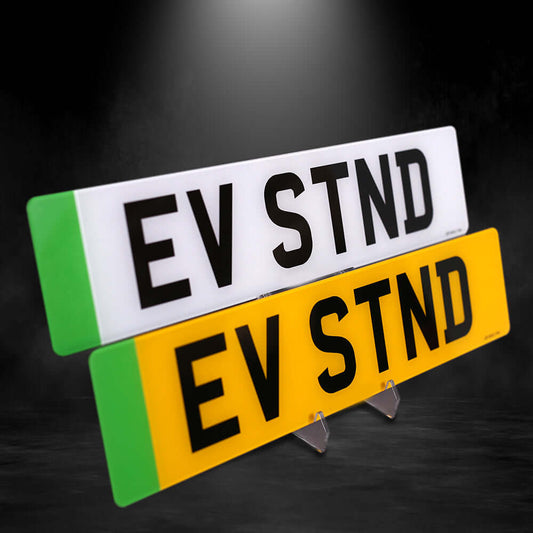Standard EV plates with green strip, premium quality acrylic, 520x111mm, road legal in yellow and white.
